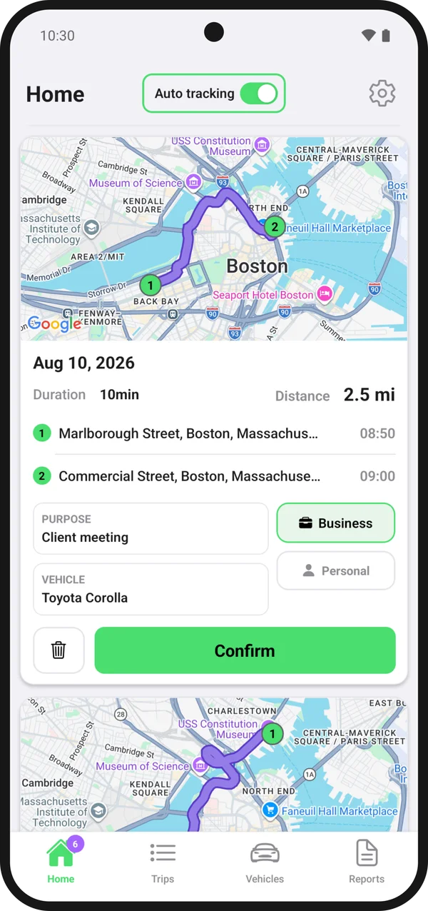 Tripvia home screen: auto tracking is on and a detected trip waits on the map to be confirmed
