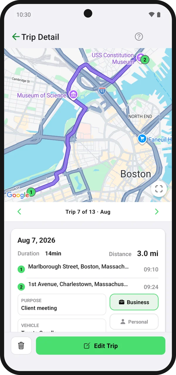 Tripvia's Trip detail: a trip's route on the map, with an Edit Trip button