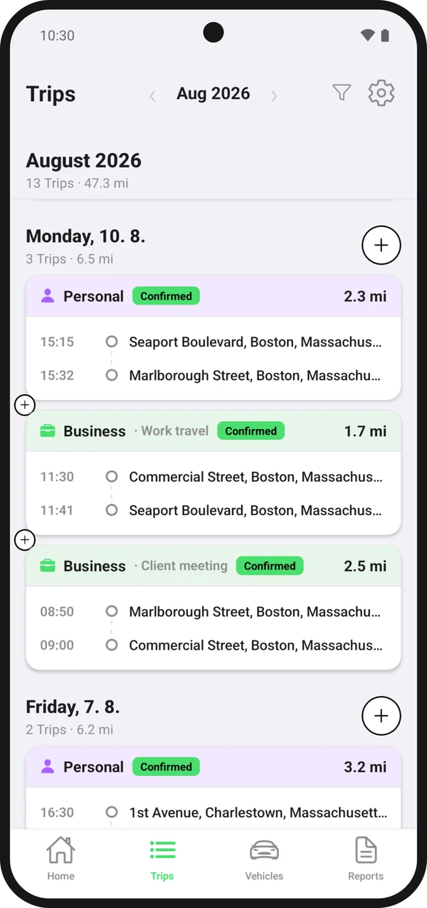 Tripvia trips list: business and personal trips grouped by day